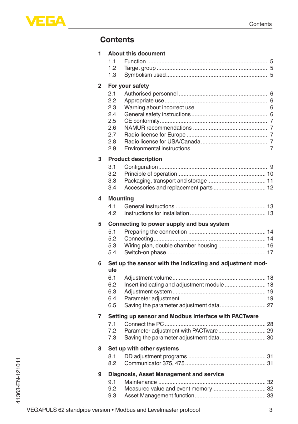 VEGA VEGAPULS 62 (≥ 2.0.0 - ≥ 4.0.0) standpipe ver. Modbus and Levelmaster protocol User Manual | Page 3 / 68