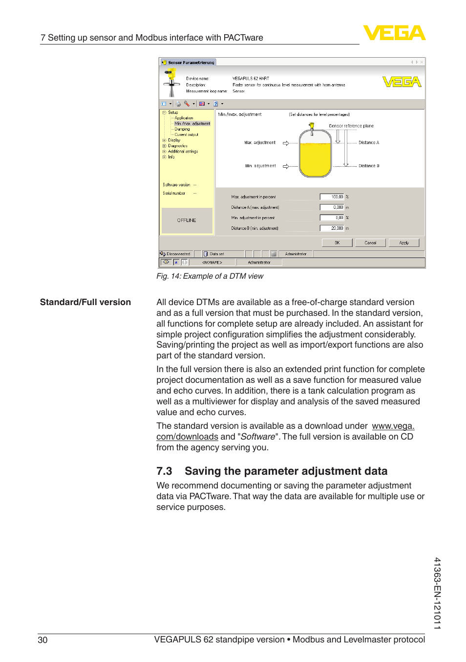 3 saving the parameter adjustment data | VEGA VEGAPULS 62 (≥ 2.0.0 - ≥ 4.0.0) standpipe ver. Modbus and Levelmaster protocol User Manual | Page 30 / 68