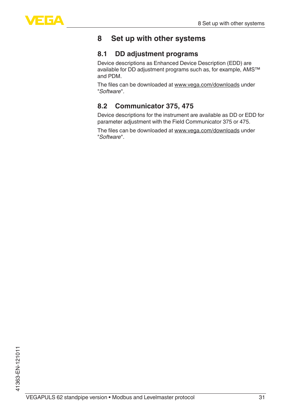 8 set up with other systems, 1 dd adjustment programs, 2 communicator 375, 475 | VEGA VEGAPULS 62 (≥ 2.0.0 - ≥ 4.0.0) standpipe ver. Modbus and Levelmaster protocol User Manual | Page 31 / 68