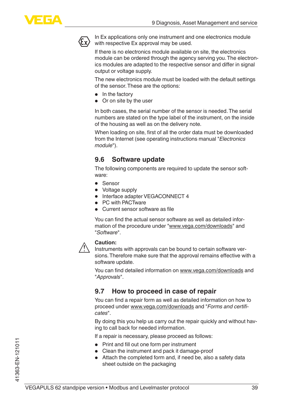 6 software update, 7 how to proceed in case of repair | VEGA VEGAPULS 62 (≥ 2.0.0 - ≥ 4.0.0) standpipe ver. Modbus and Levelmaster protocol User Manual | Page 39 / 68