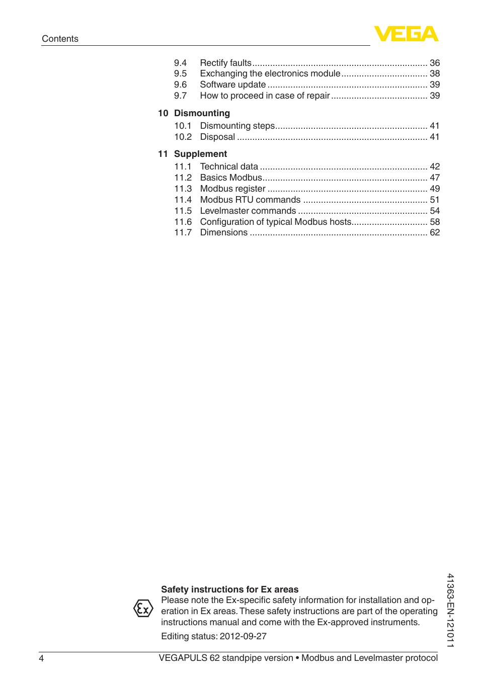 VEGA VEGAPULS 62 (≥ 2.0.0 - ≥ 4.0.0) standpipe ver. Modbus and Levelmaster protocol User Manual | Page 4 / 68