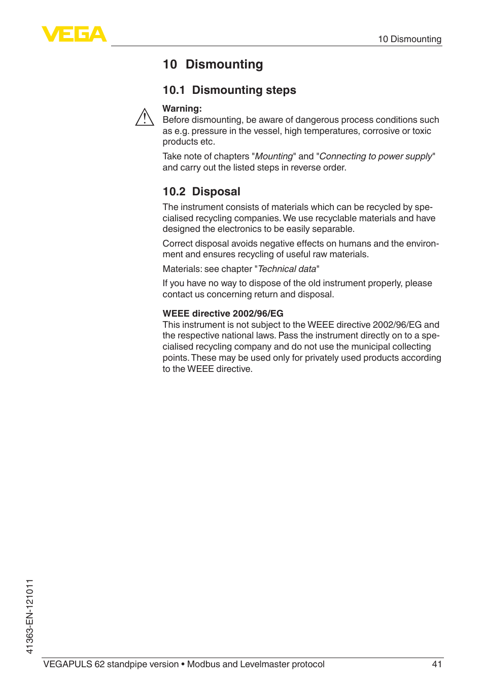 10 dismounting, 1 dismounting steps, 2 disposal | VEGA VEGAPULS 62 (≥ 2.0.0 - ≥ 4.0.0) standpipe ver. Modbus and Levelmaster protocol User Manual | Page 41 / 68