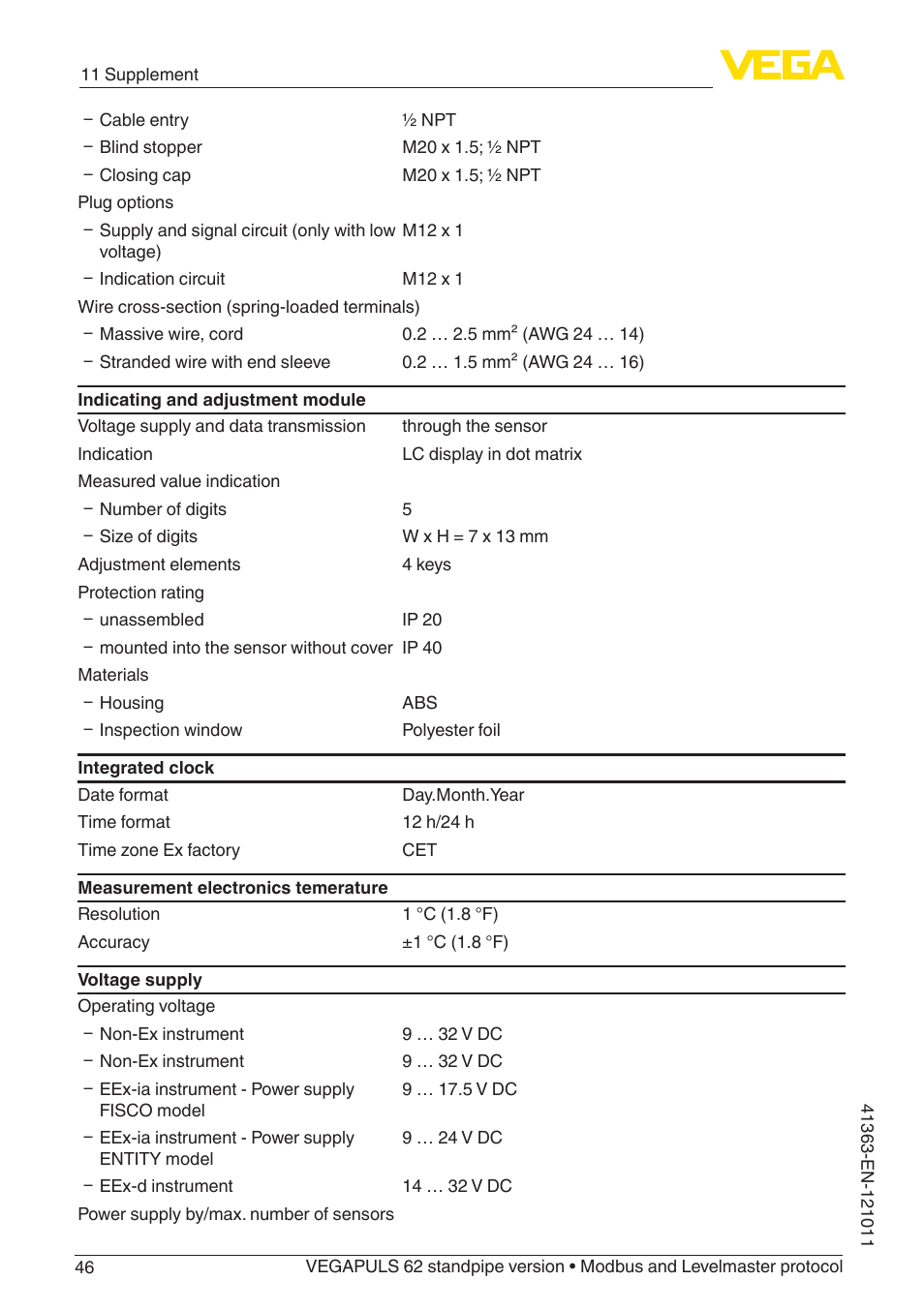 VEGA VEGAPULS 62 (≥ 2.0.0 - ≥ 4.0.0) standpipe ver. Modbus and Levelmaster protocol User Manual | Page 46 / 68