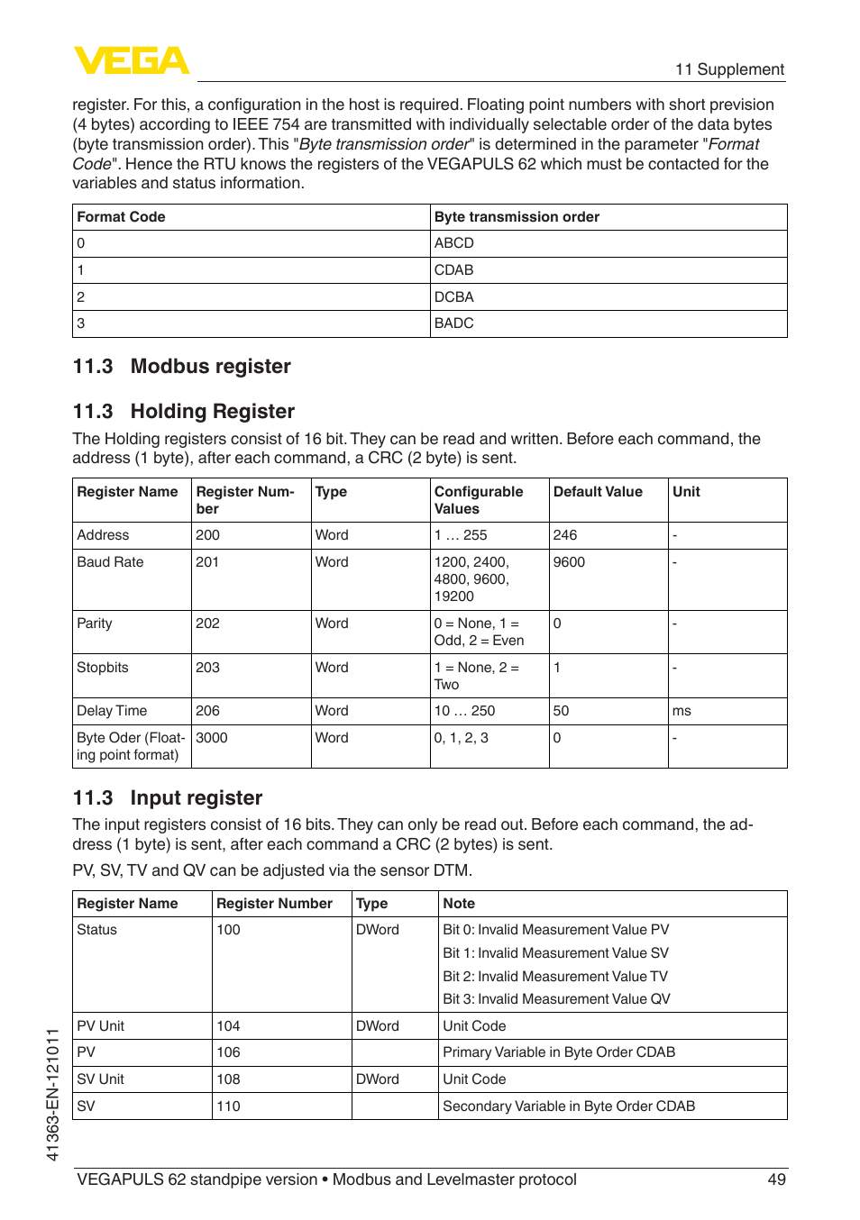 3 modbus register, 3 holding register, 3 input register | 3 modbus register 11.3 holding register | VEGA VEGAPULS 62 (≥ 2.0.0 - ≥ 4.0.0) standpipe ver. Modbus and Levelmaster protocol User Manual | Page 49 / 68