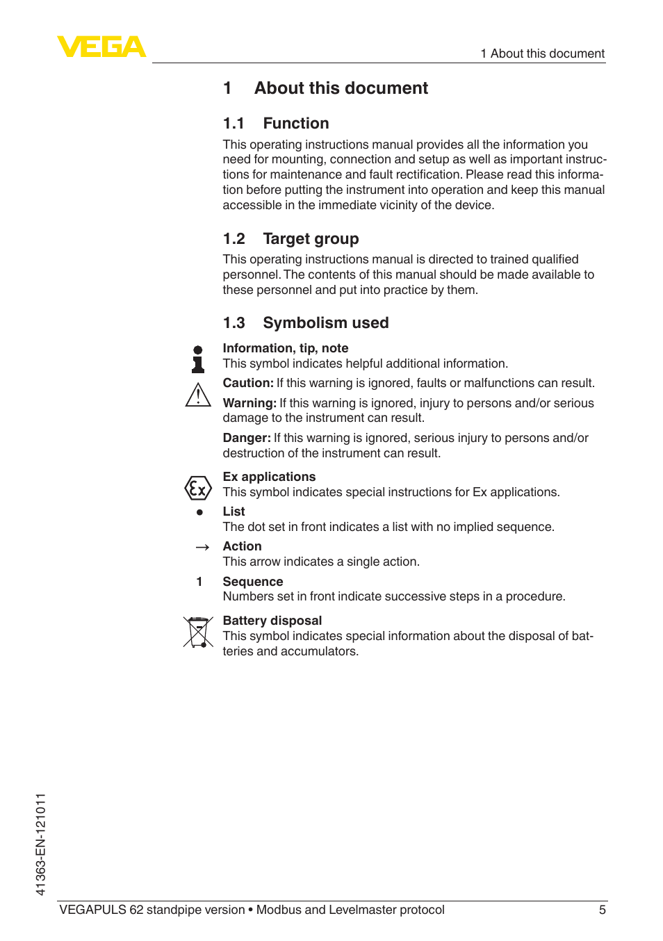 1 about this document, 1 function, 2 target group | 3 symbolism used | VEGA VEGAPULS 62 (≥ 2.0.0 - ≥ 4.0.0) standpipe ver. Modbus and Levelmaster protocol User Manual | Page 5 / 68