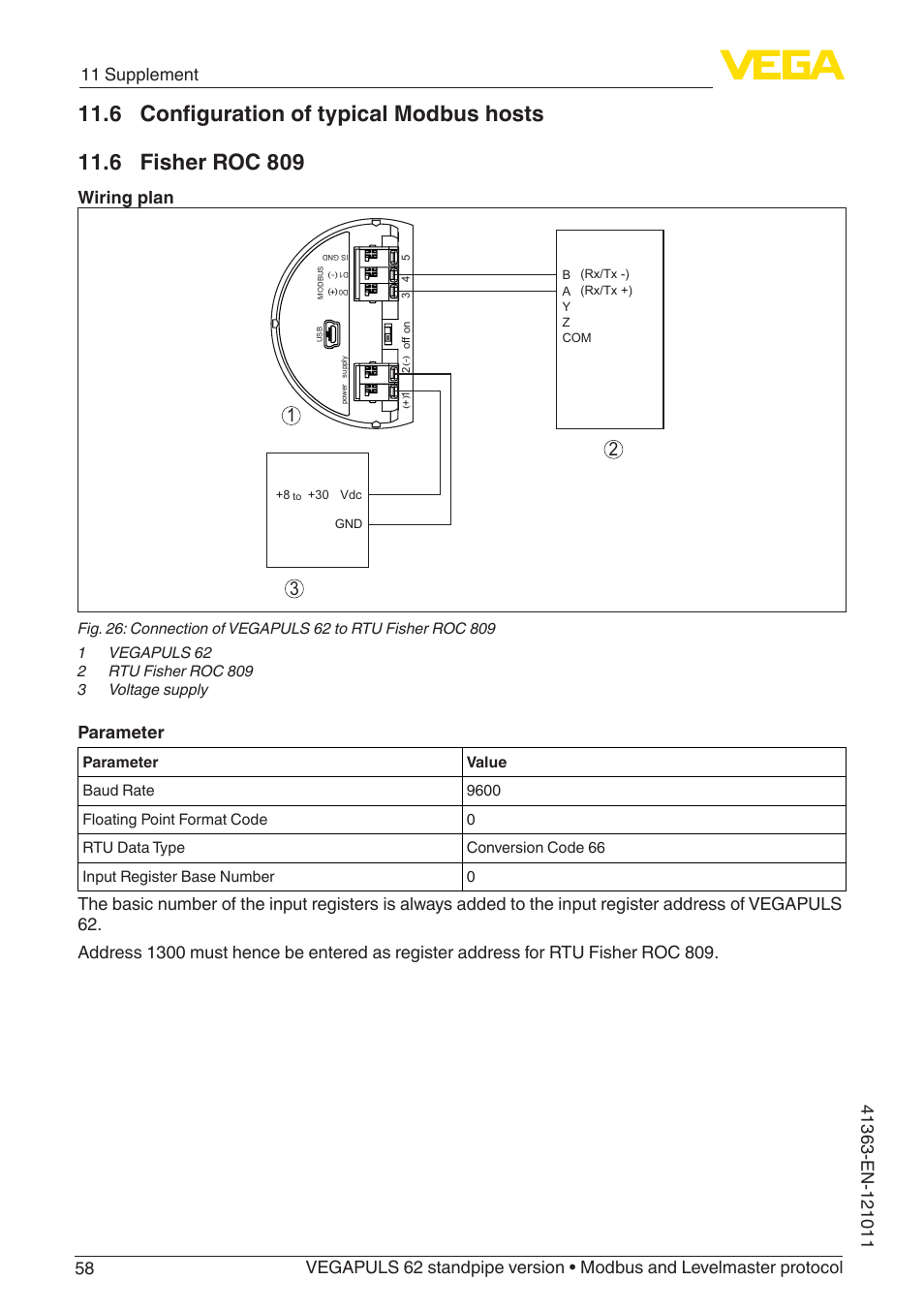 6 configuration of typical modbus hosts, 6 fisher roc 809, Wiring plan | Parameter | VEGA VEGAPULS 62 (≥ 2.0.0 - ≥ 4.0.0) standpipe ver. Modbus and Levelmaster protocol User Manual | Page 58 / 68