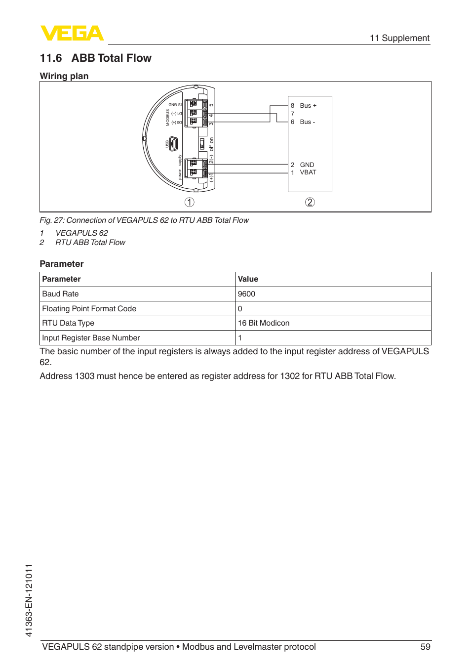 6 abb total flow, Wiring plan, Parameter | VEGA VEGAPULS 62 (≥ 2.0.0 - ≥ 4.0.0) standpipe ver. Modbus and Levelmaster protocol User Manual | Page 59 / 68