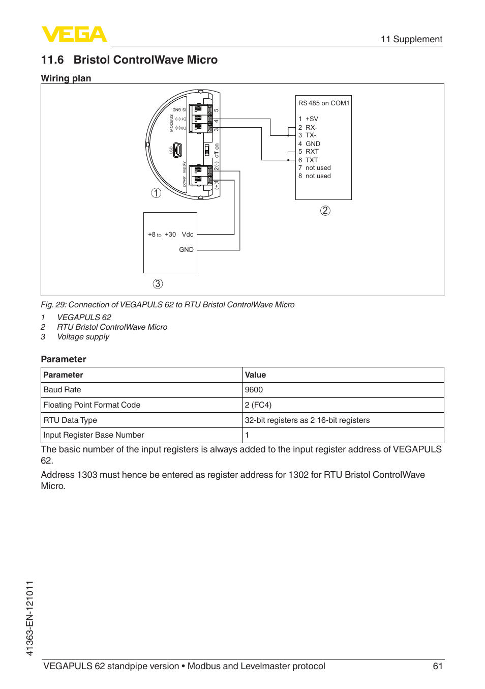6 bristol controlwave micro, Wiring plan, Parameter | VEGA VEGAPULS 62 (≥ 2.0.0 - ≥ 4.0.0) standpipe ver. Modbus and Levelmaster protocol User Manual | Page 61 / 68