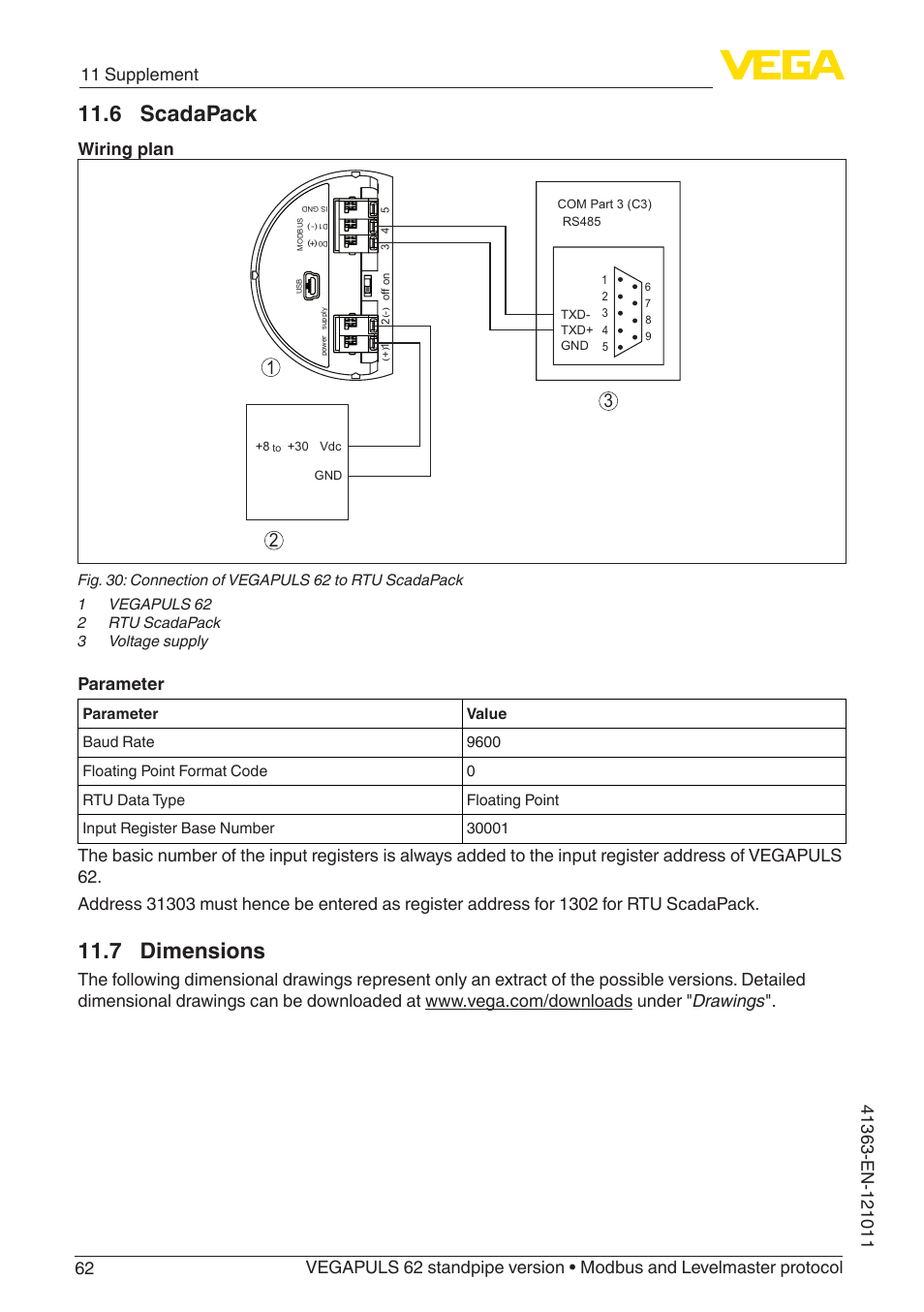 7 dimensions, 6 scadapack, Wiring plan | Parameter | VEGA VEGAPULS 62 (≥ 2.0.0 - ≥ 4.0.0) standpipe ver. Modbus and Levelmaster protocol User Manual | Page 62 / 68