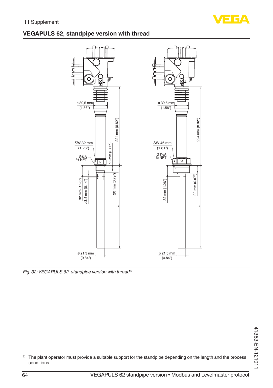 Vegapuls 62, standpipe version with thread | VEGA VEGAPULS 62 (≥ 2.0.0 - ≥ 4.0.0) standpipe ver. Modbus and Levelmaster protocol User Manual | Page 64 / 68