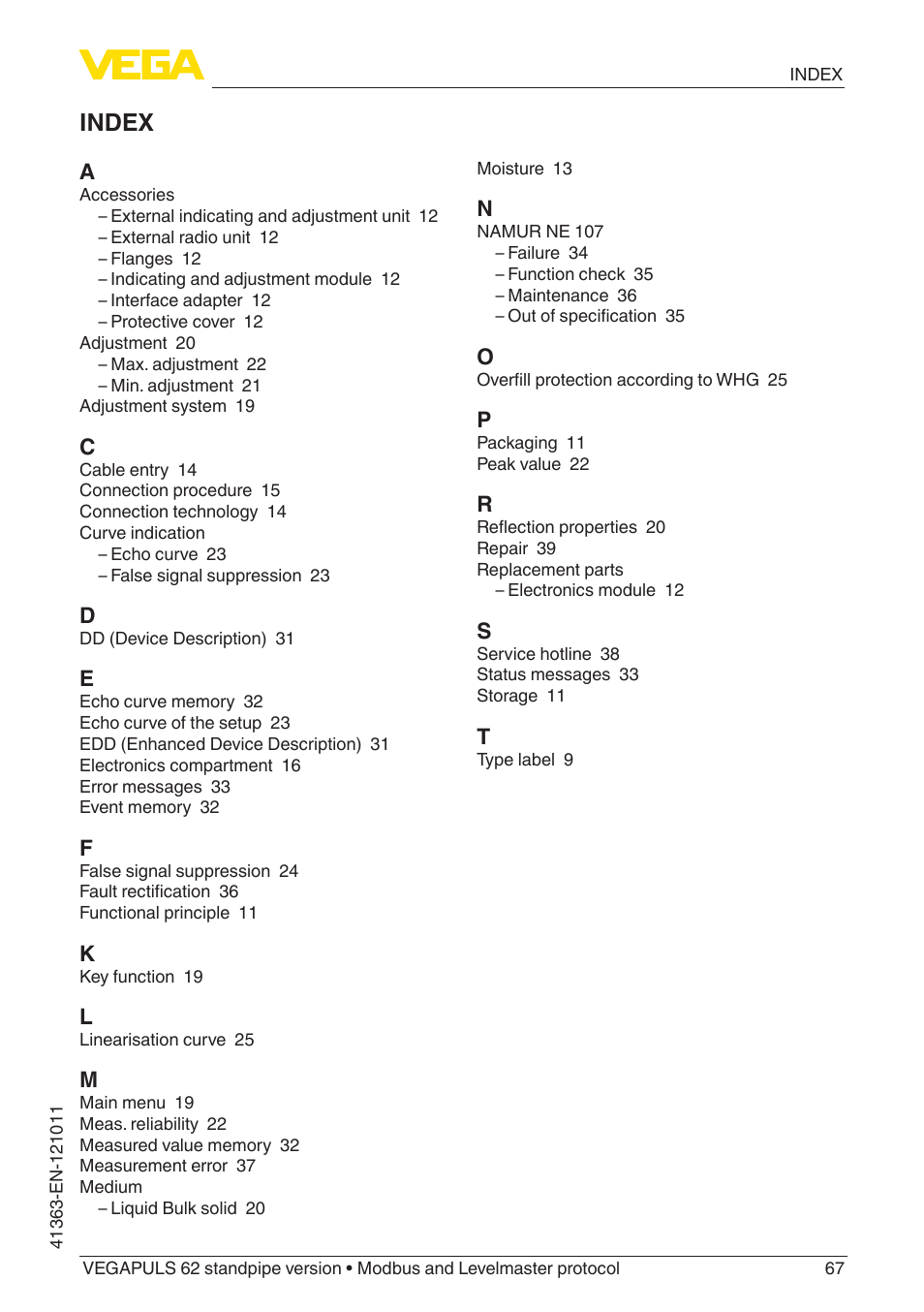 Index | VEGA VEGAPULS 62 (≥ 2.0.0 - ≥ 4.0.0) standpipe ver. Modbus and Levelmaster protocol User Manual | Page 67 / 68