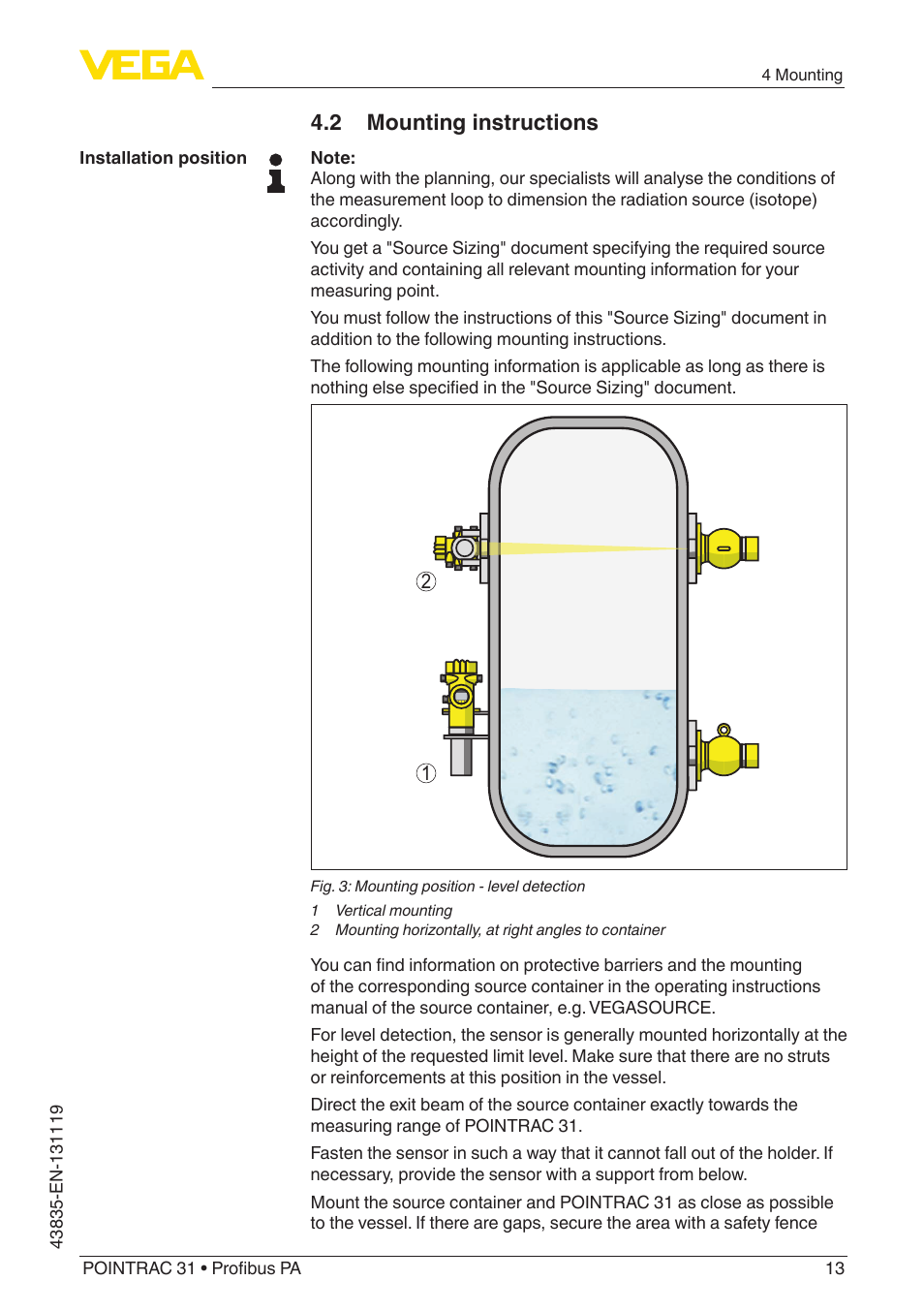 2 mounting instructions | VEGA POINTRAC 31 Profibus PA User Manual | Page 13 / 64