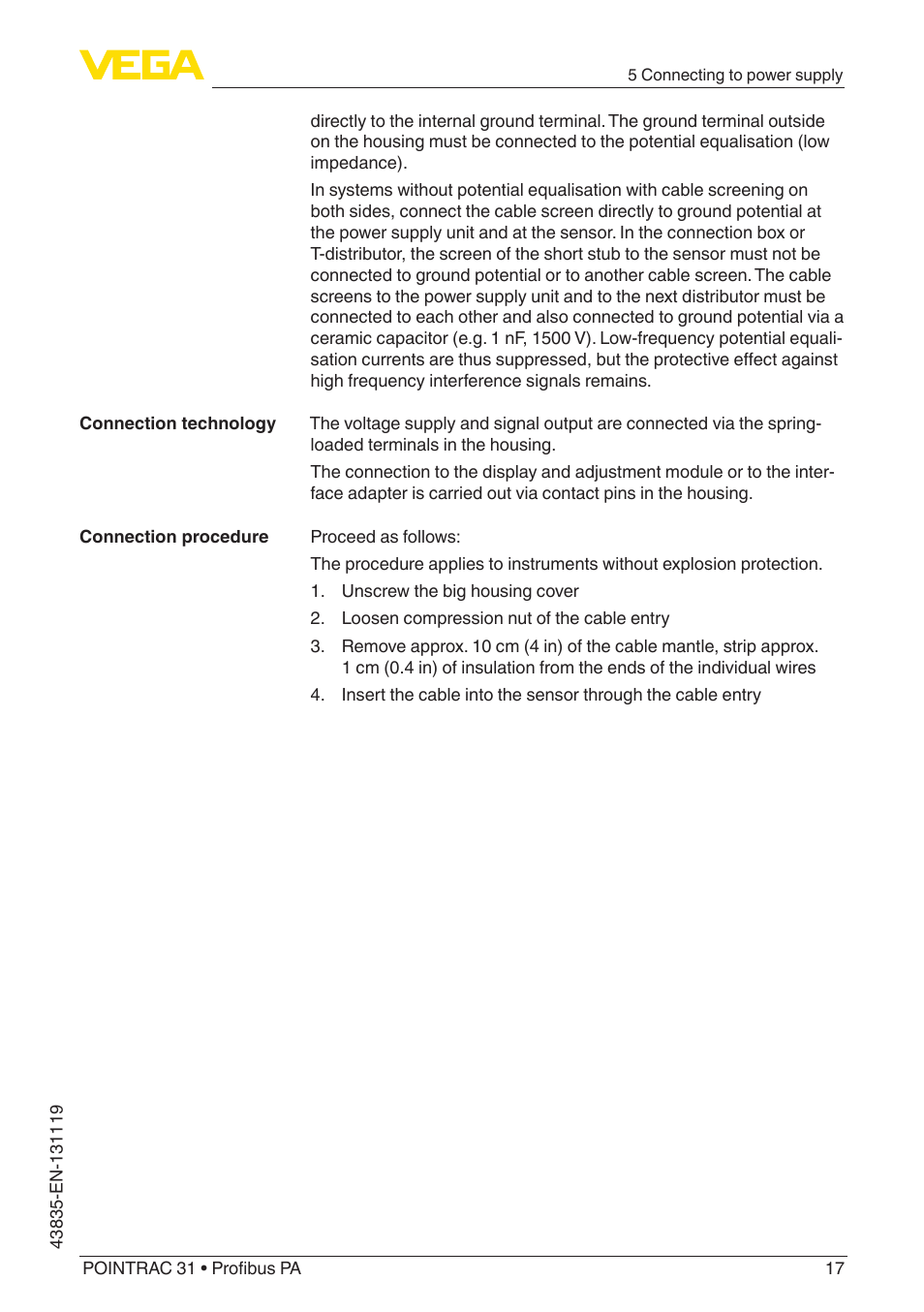 VEGA POINTRAC 31 Profibus PA User Manual | Page 17 / 64