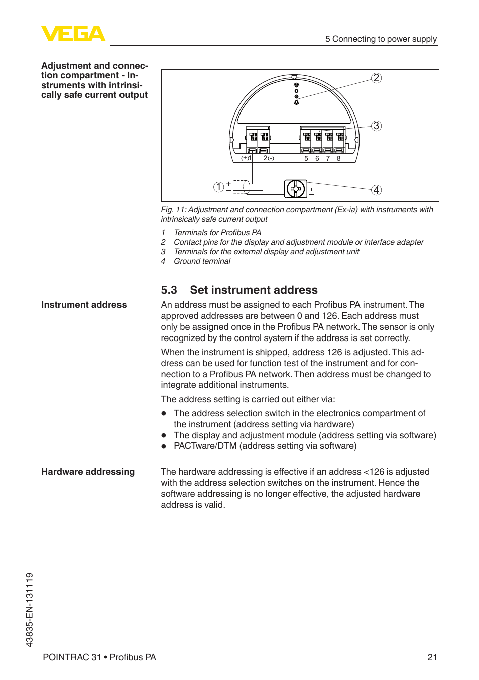 3 set instrument address | VEGA POINTRAC 31 Profibus PA User Manual | Page 21 / 64