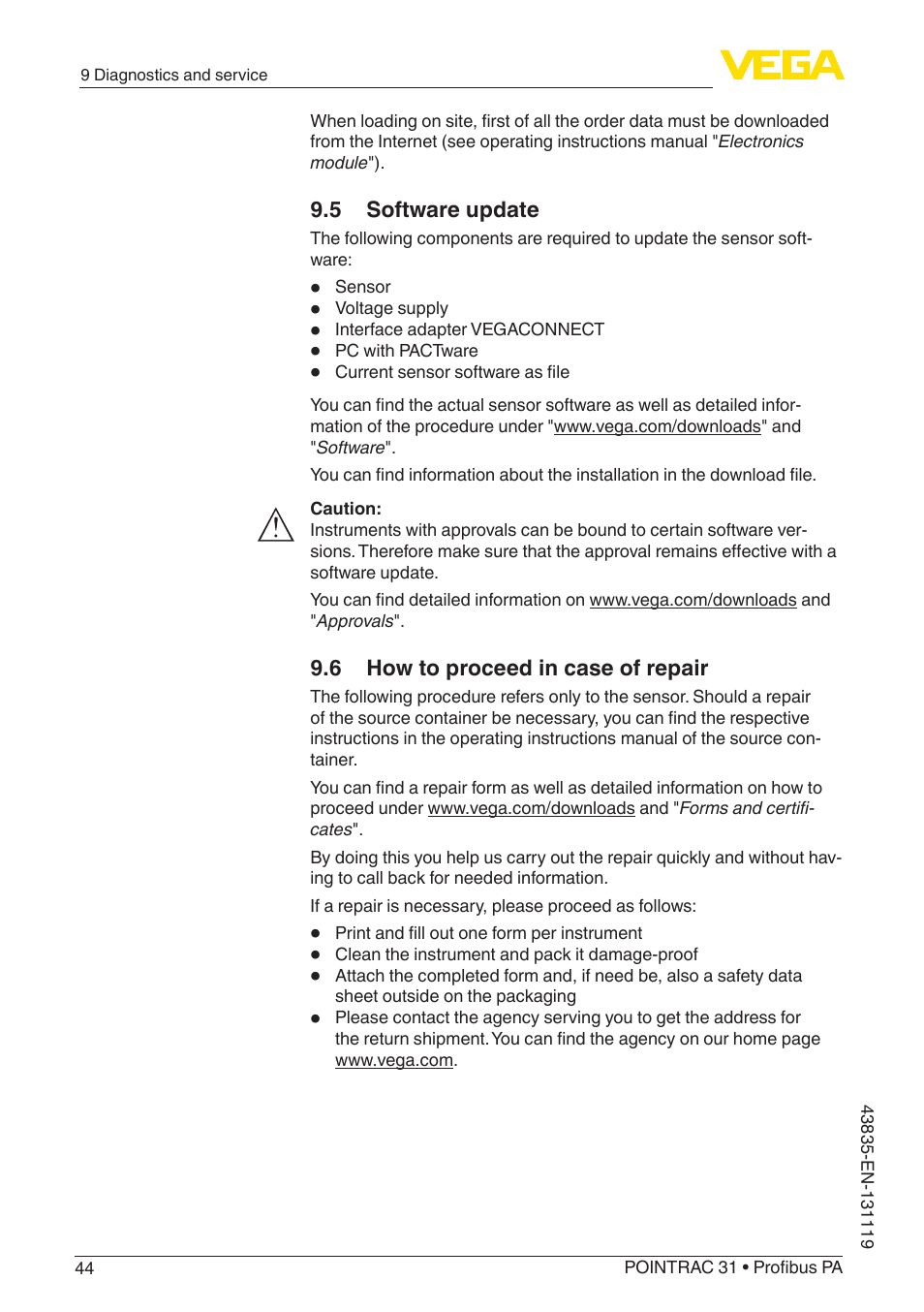 5 software update, 6 how to proceed in case of repair | VEGA POINTRAC 31 Profibus PA User Manual | Page 44 / 64