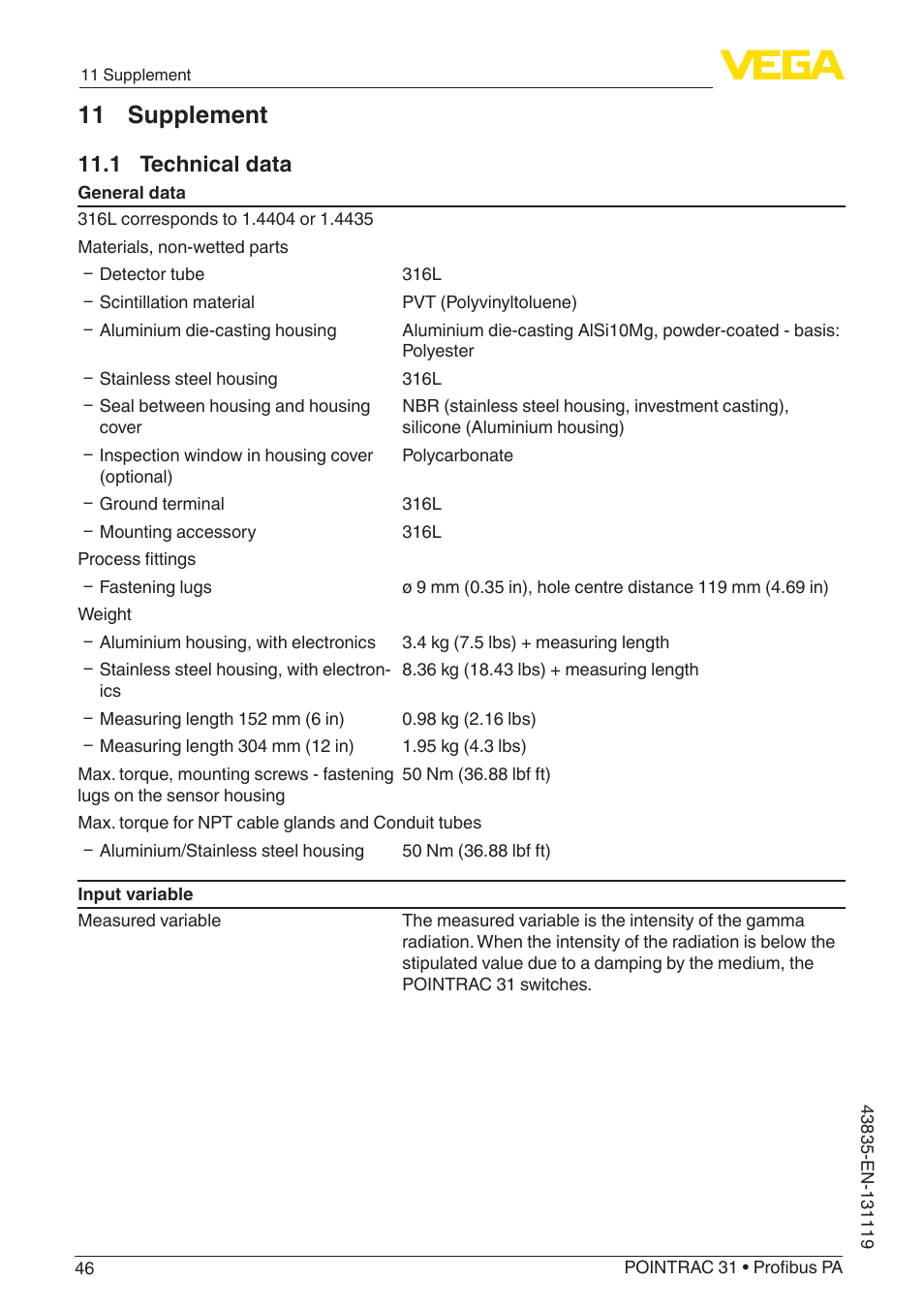 11 supplement, 1 technical data | VEGA POINTRAC 31 Profibus PA User Manual | Page 46 / 64