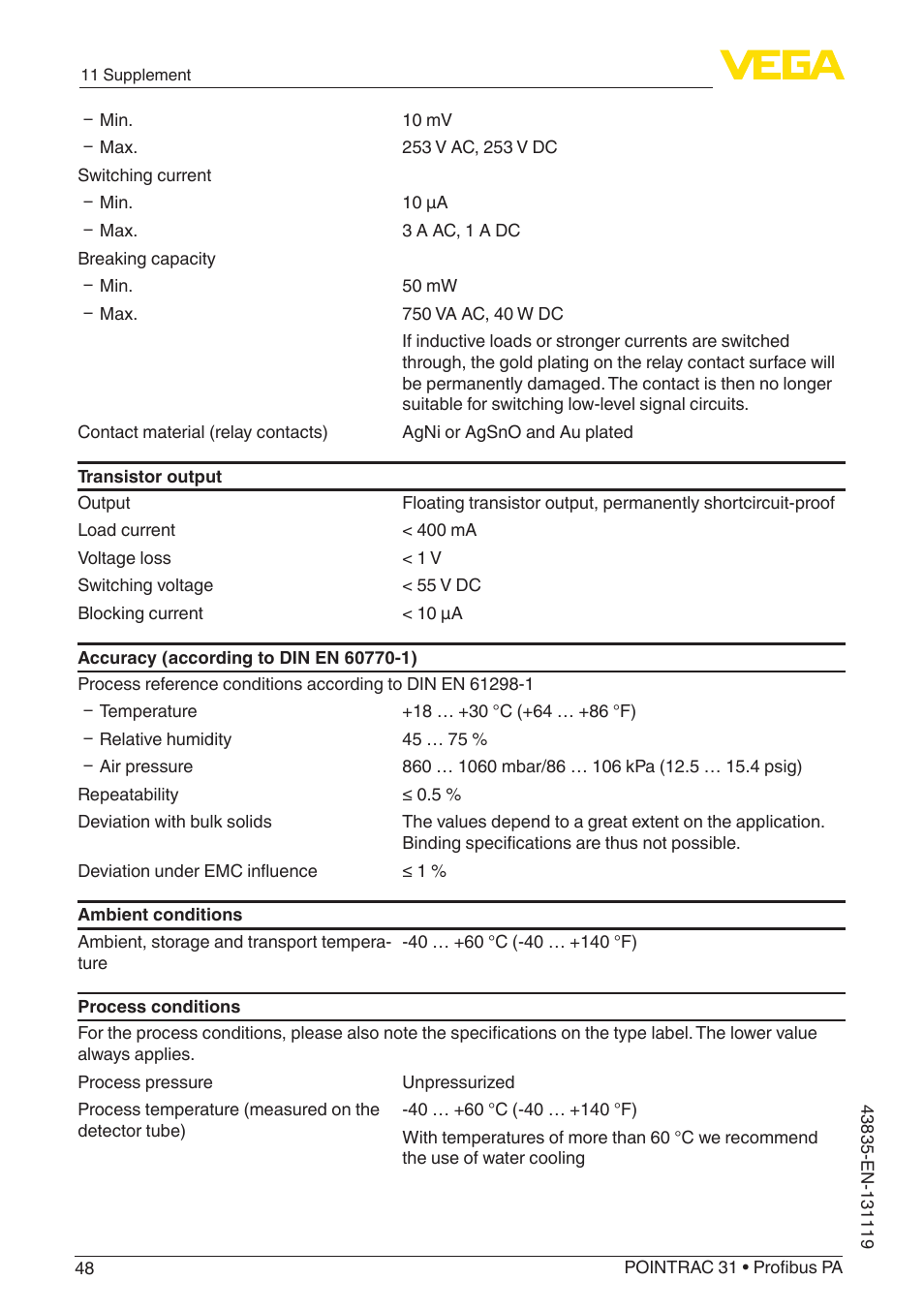 VEGA POINTRAC 31 Profibus PA User Manual | Page 48 / 64