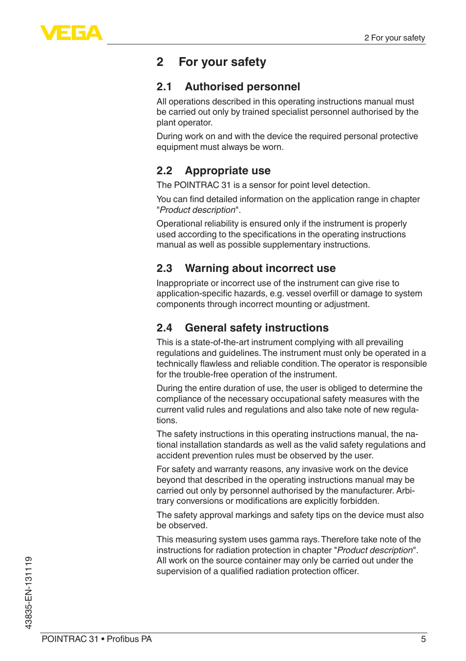 2 for your safety, 1 authorised personnel, 2 appropriate use | 3 warning about incorrect use, 4 general safety instructions | VEGA POINTRAC 31 Profibus PA User Manual | Page 5 / 64
