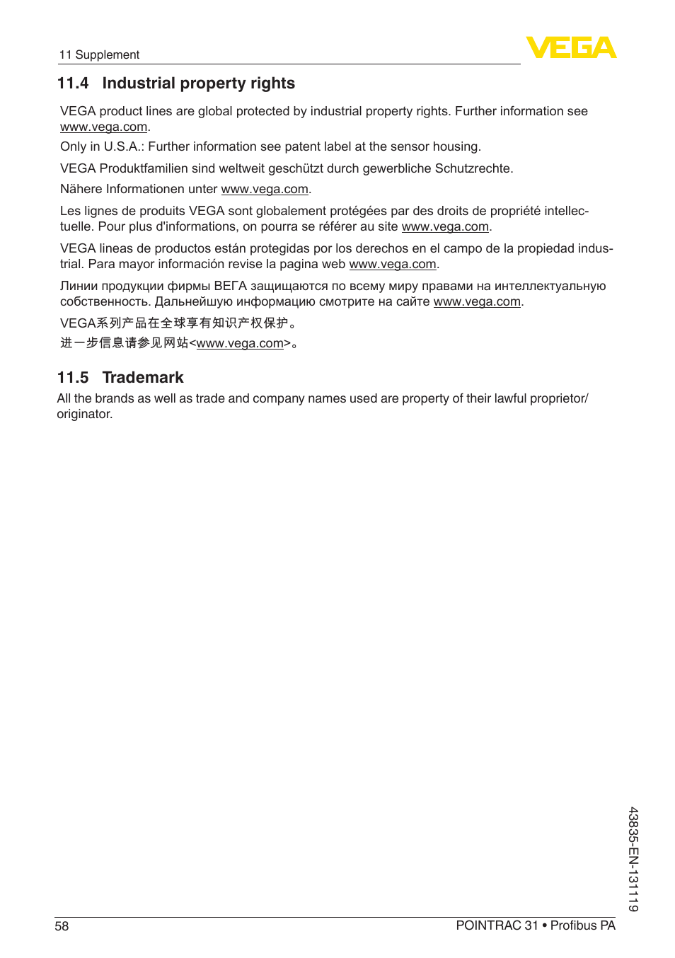 4 industrial property rights, 5 trademark | VEGA POINTRAC 31 Profibus PA User Manual | Page 58 / 64