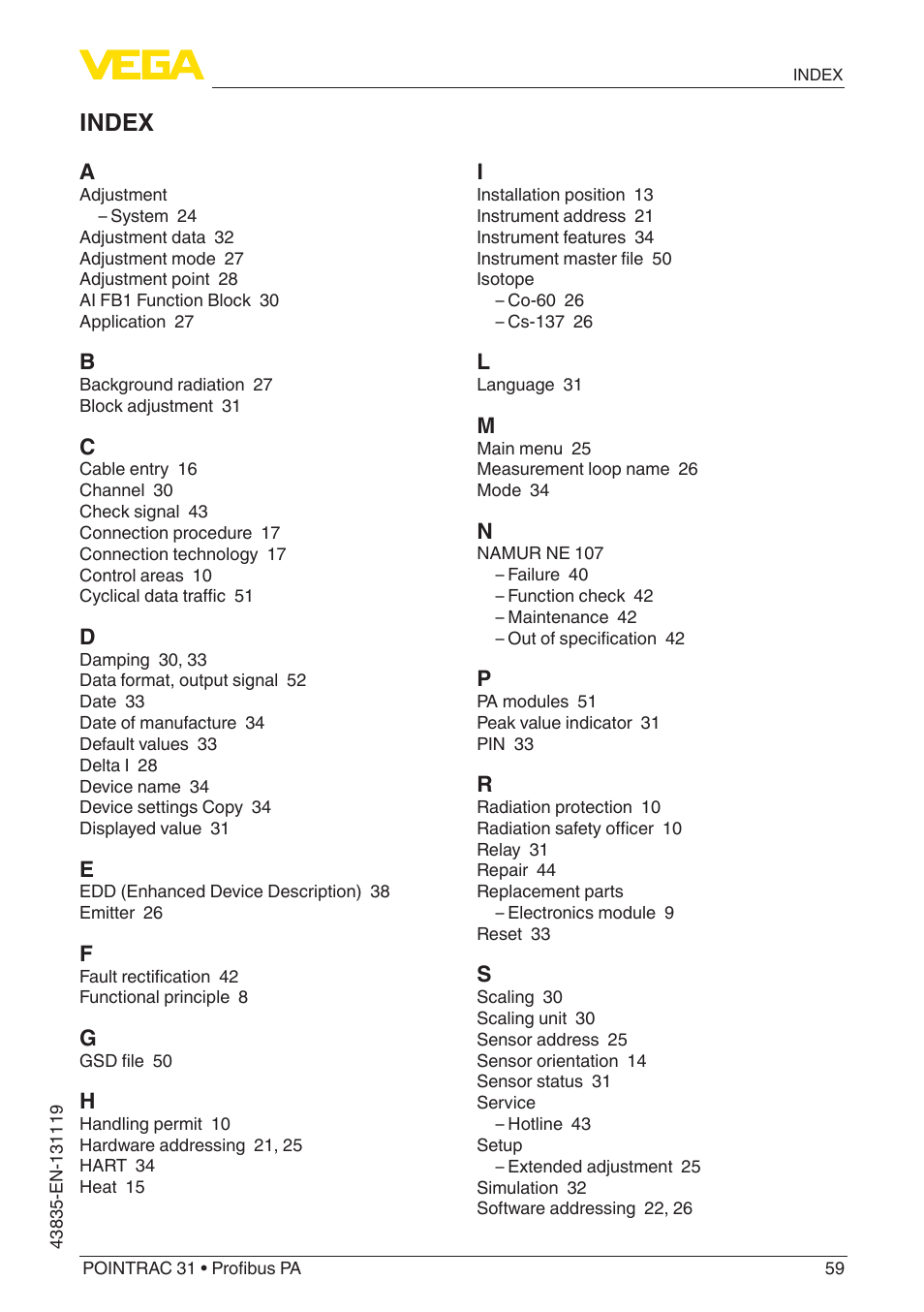 Index | VEGA POINTRAC 31 Profibus PA User Manual | Page 59 / 64