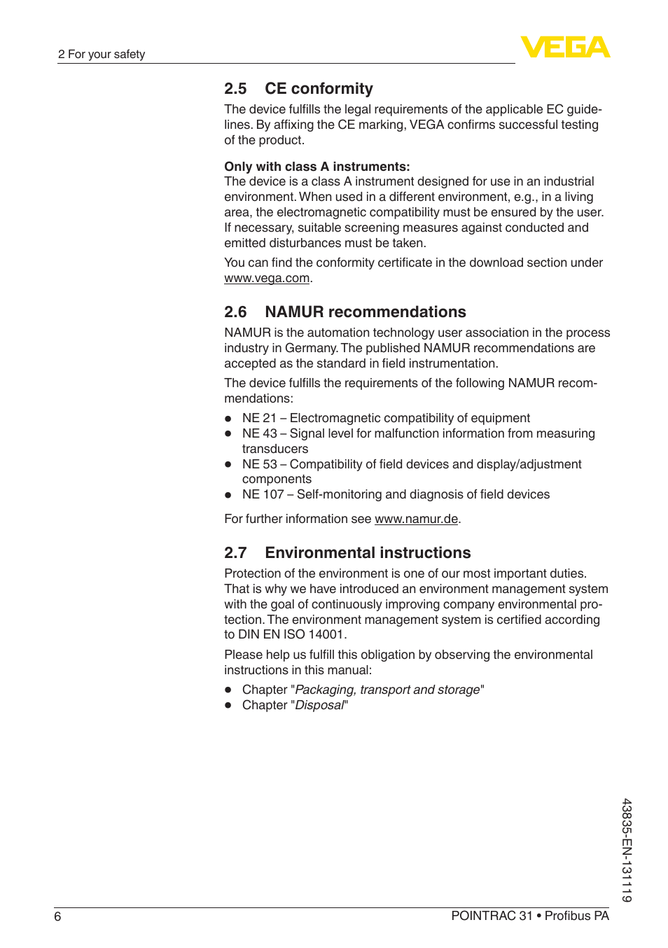5 ce conformity, 6 namur recommendations, 7 environmental instructions | VEGA POINTRAC 31 Profibus PA User Manual | Page 6 / 64