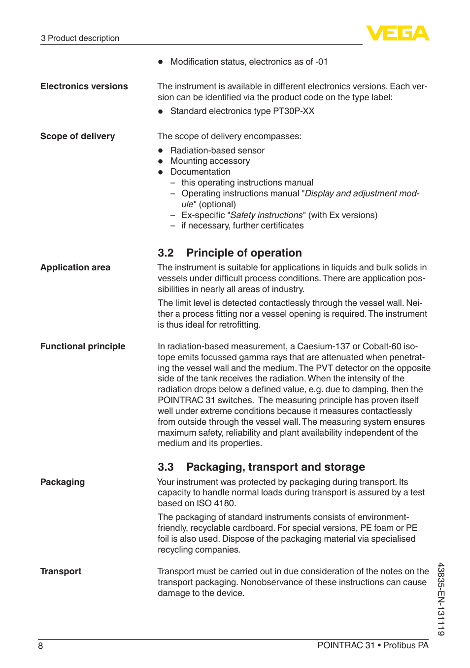 2 principle of operation, 3 packaging, transport and storage | VEGA POINTRAC 31 Profibus PA User Manual | Page 8 / 64