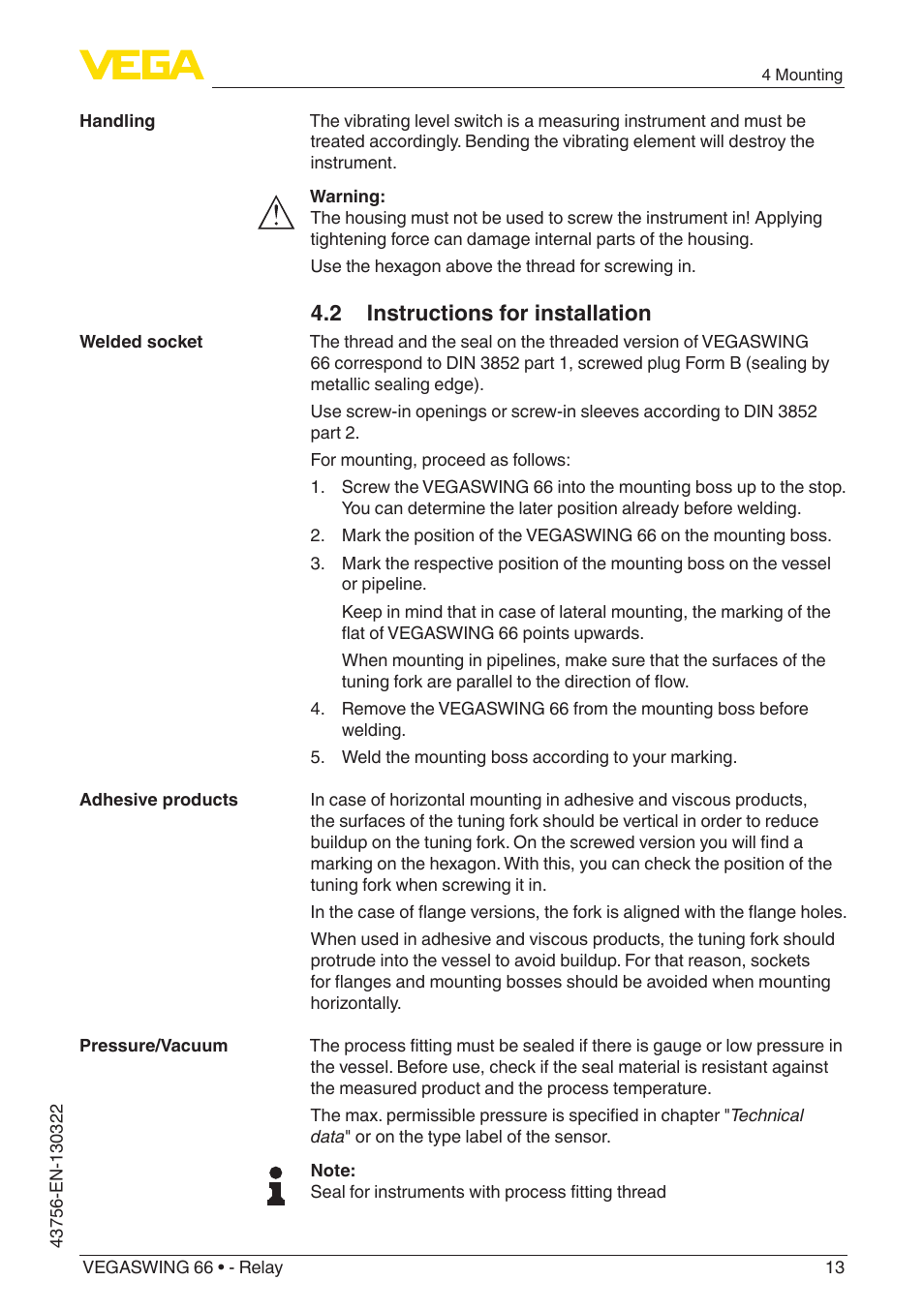 2 instructions for installation | VEGA VEGASWING 66 - Relay User Manual | Page 13 / 36