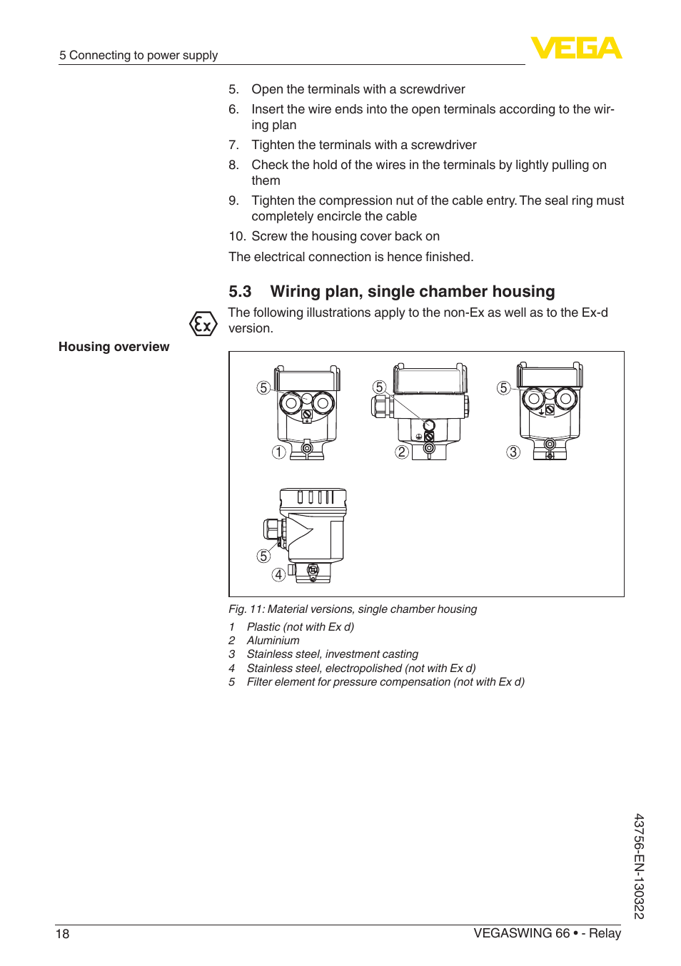 3 wiring plan, single chamber housing | VEGA VEGASWING 66 - Relay User Manual | Page 18 / 36