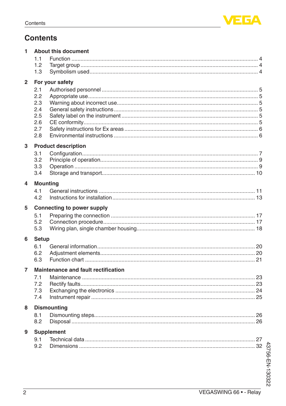 VEGA VEGASWING 66 - Relay User Manual | Page 2 / 36