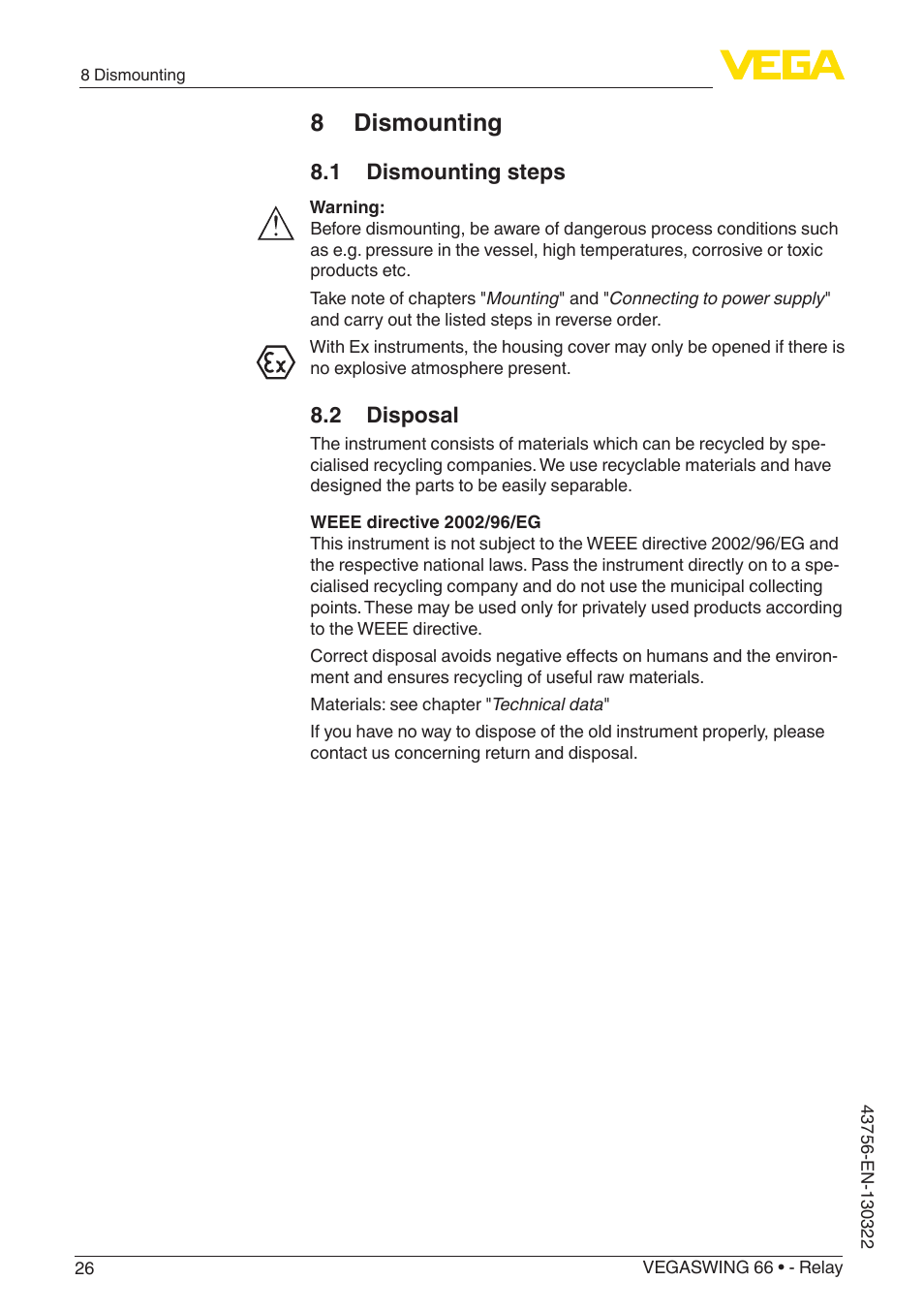 8 dismounting, 1 dismounting steps, 2 disposal | VEGA VEGASWING 66 - Relay User Manual | Page 26 / 36