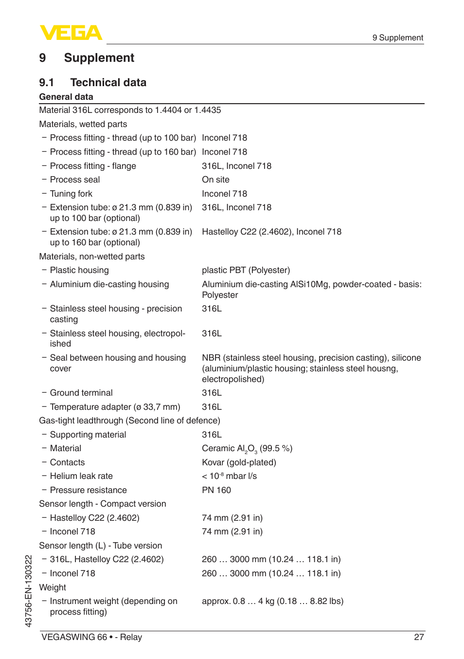 9 supplement, 1 technical data | VEGA VEGASWING 66 - Relay User Manual | Page 27 / 36