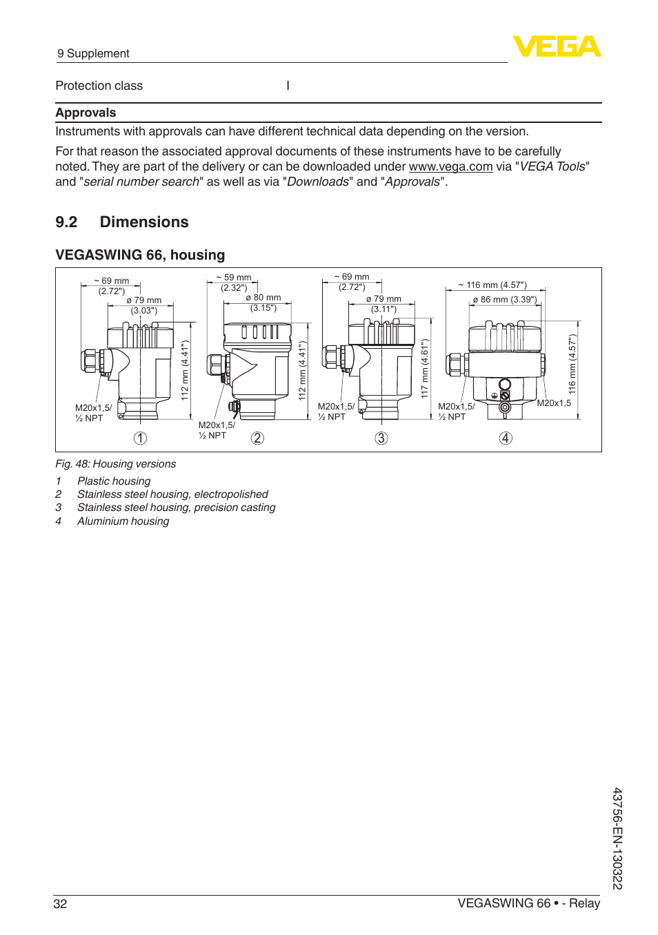 2 dimensions, Vegaswing 66, housing | VEGA VEGASWING 66 - Relay User Manual | Page 32 / 36