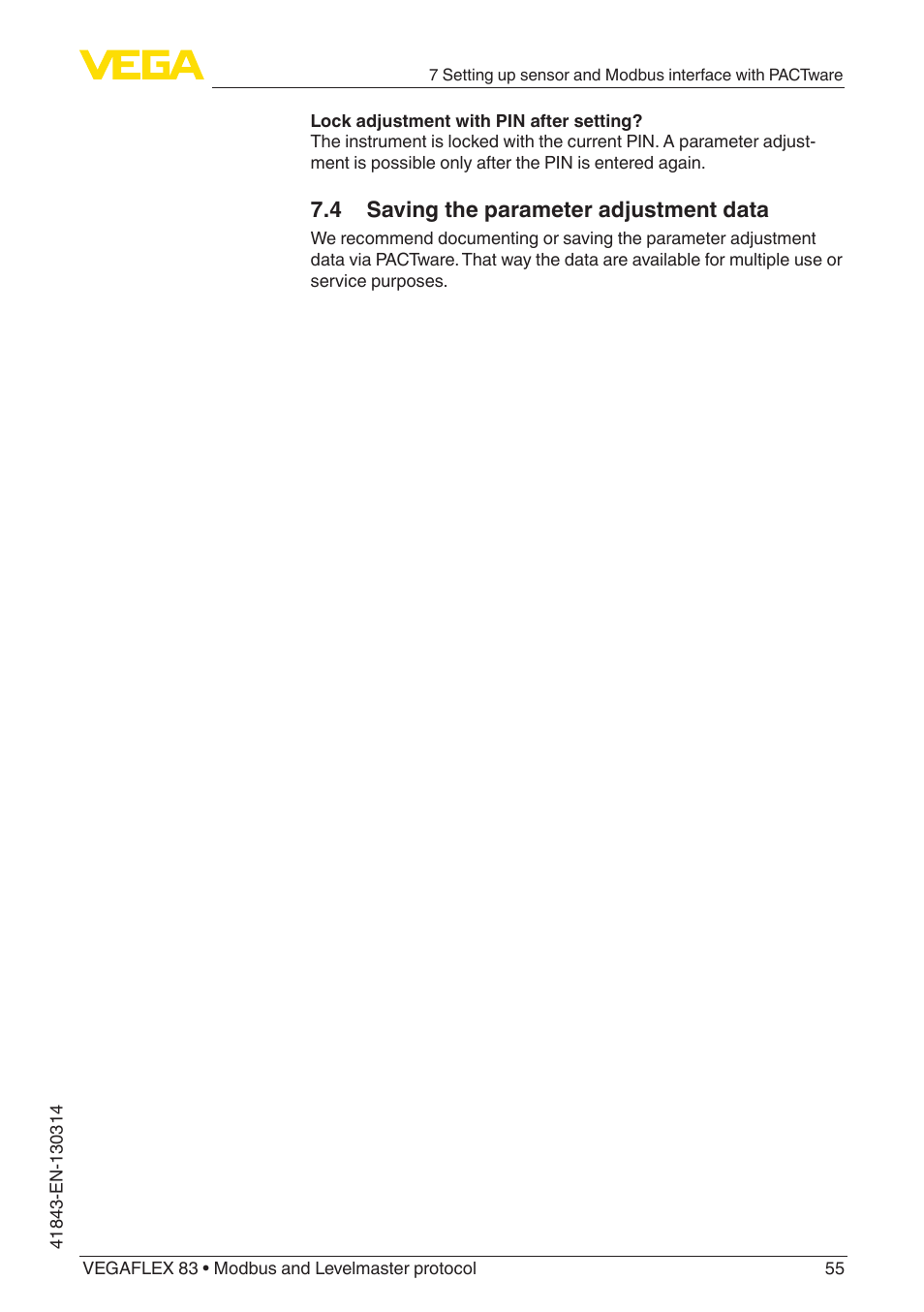 4 saving the parameter adjustment data | VEGA VEGAFLEX 83 Modbus and Levelmaster protocol Polished version User Manual | Page 55 / 96