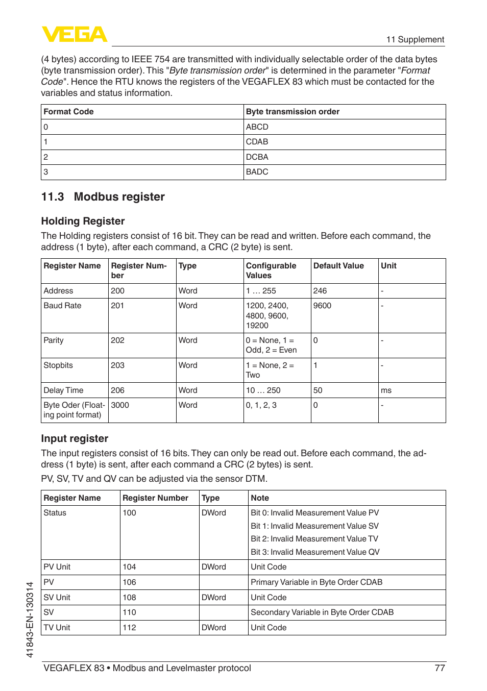 3 modbus register, Holding register, Input register | VEGA VEGAFLEX 83 Modbus and Levelmaster protocol Polished version User Manual | Page 77 / 96