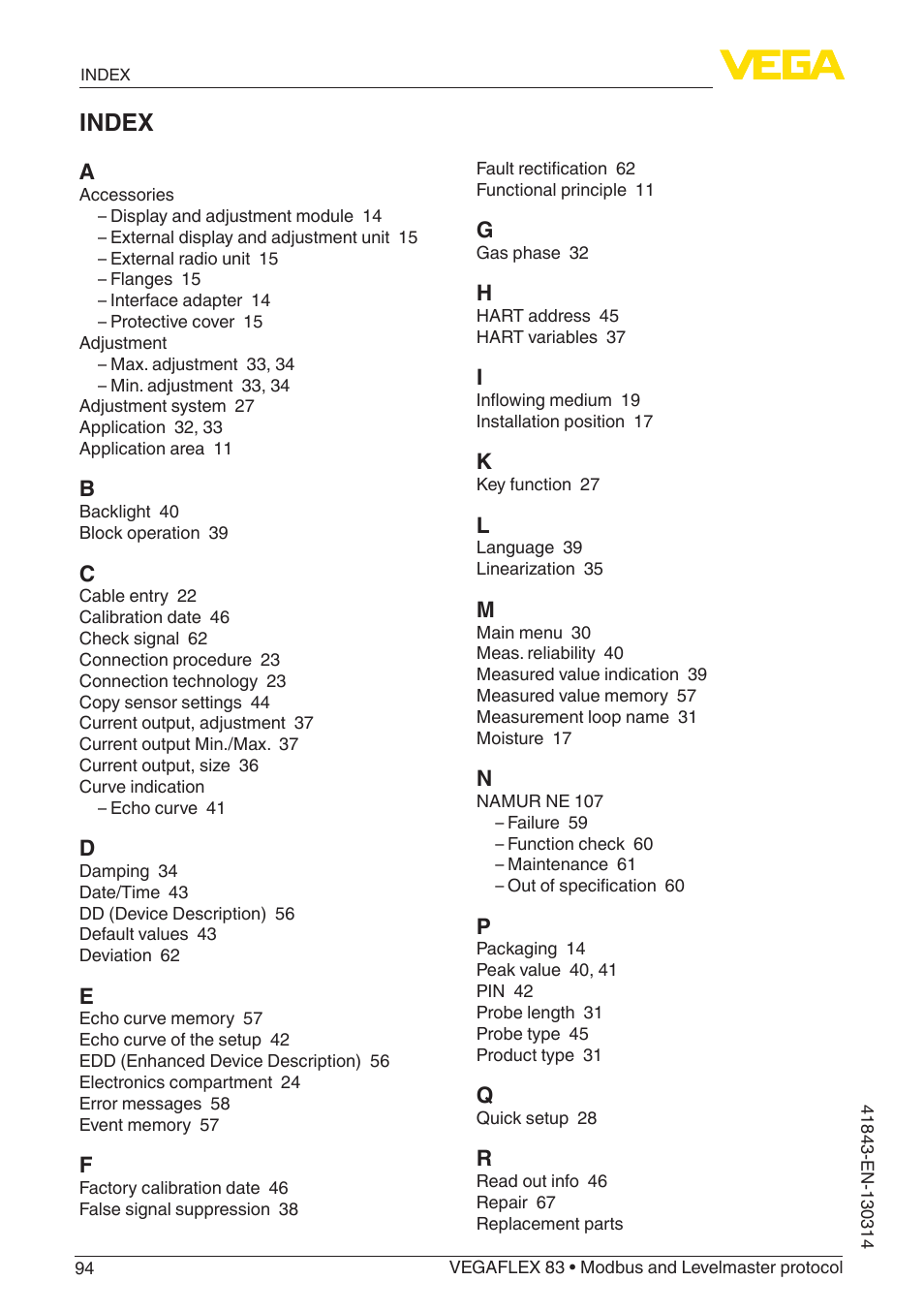 Index | VEGA VEGAFLEX 83 Modbus and Levelmaster protocol Polished version User Manual | Page 94 / 96