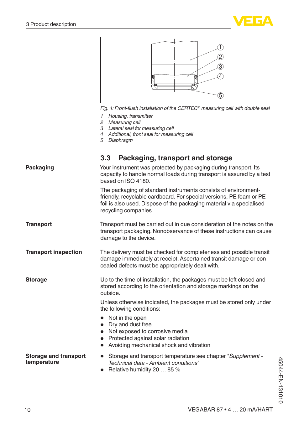 3 packaging, transport and storage | VEGA VEGABAR 87 4 … 20 mA_HART - Operating Instructions User Manual | Page 10 / 80