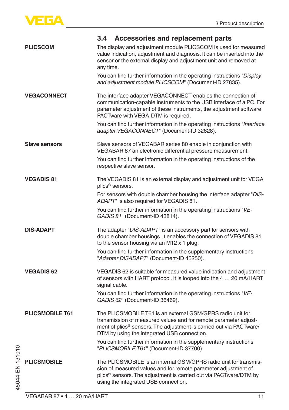 4 accessories and replacement parts | VEGA VEGABAR 87 4 … 20 mA_HART - Operating Instructions User Manual | Page 11 / 80