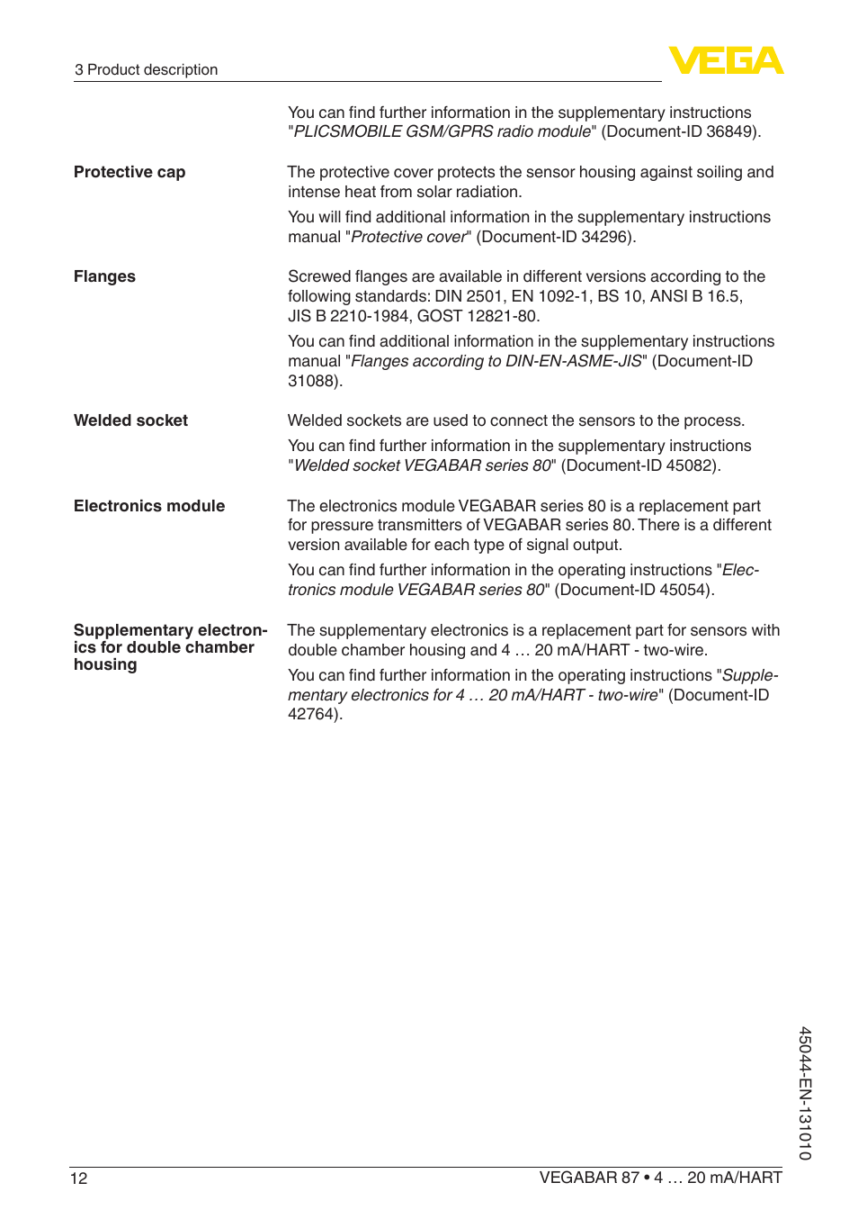 VEGA VEGABAR 87 4 … 20 mA_HART - Operating Instructions User Manual | Page 12 / 80