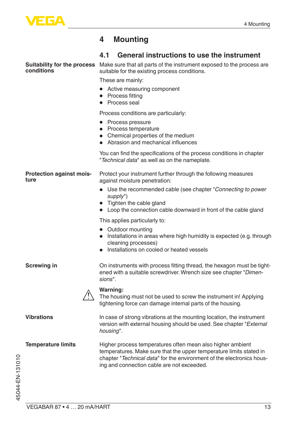 4 mounting, 1 general instructions to use the instrument | VEGA VEGABAR 87 4 … 20 mA_HART - Operating Instructions User Manual | Page 13 / 80
