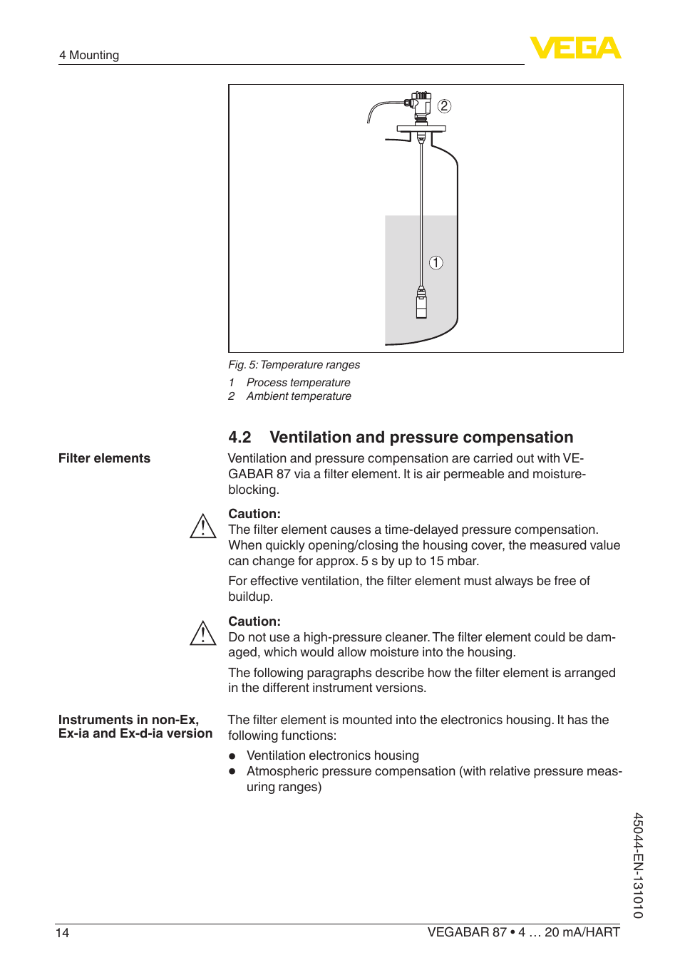 2 ventilation and pressure compensation | VEGA VEGABAR 87 4 … 20 mA_HART - Operating Instructions User Manual | Page 14 / 80