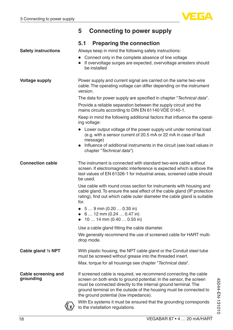 5 connecting to power supply, 1 preparing the connection | VEGA VEGABAR 87 4 … 20 mA_HART - Operating Instructions User Manual | Page 18 / 80