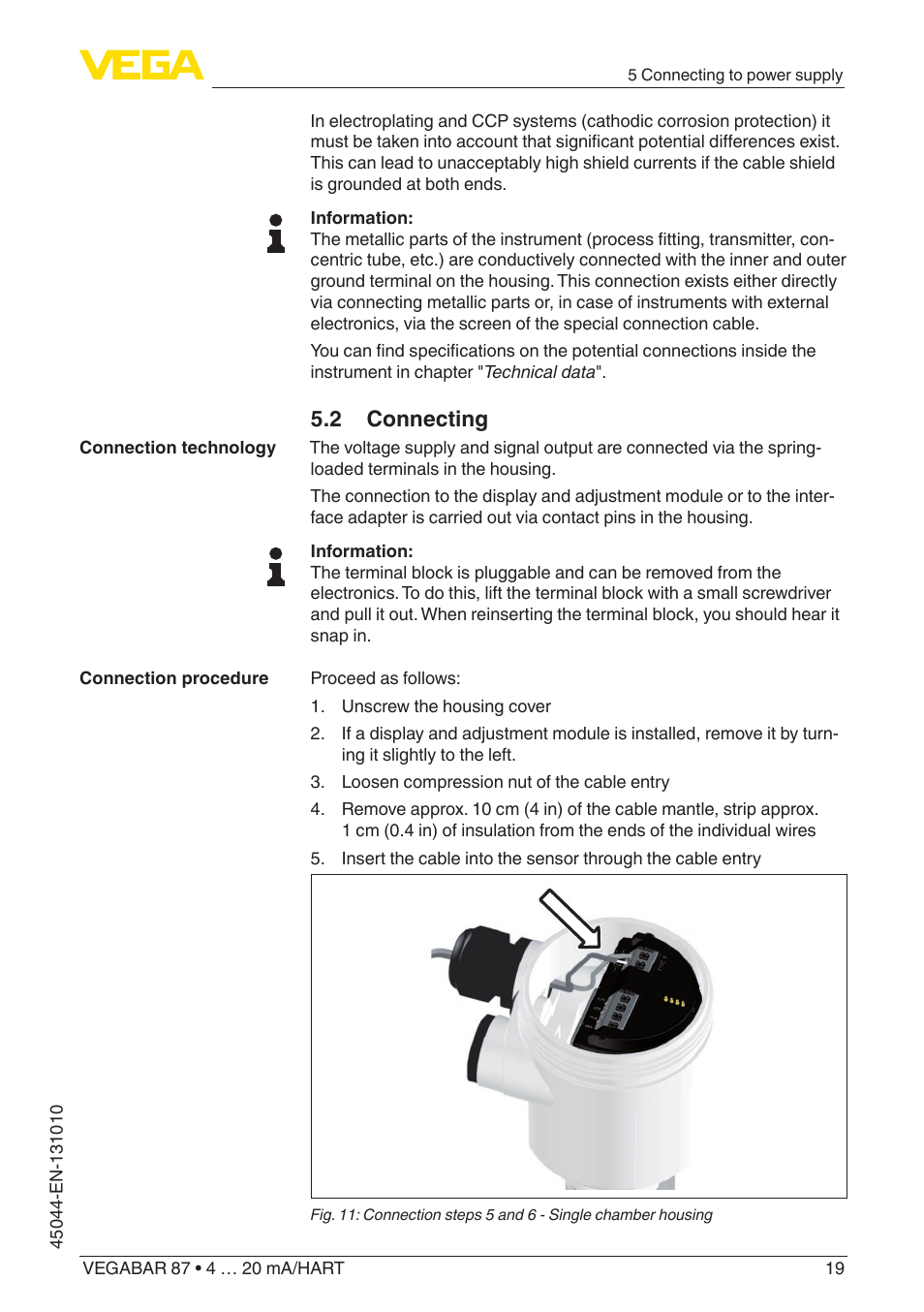 2 connecting | VEGA VEGABAR 87 4 … 20 mA_HART - Operating Instructions User Manual | Page 19 / 80