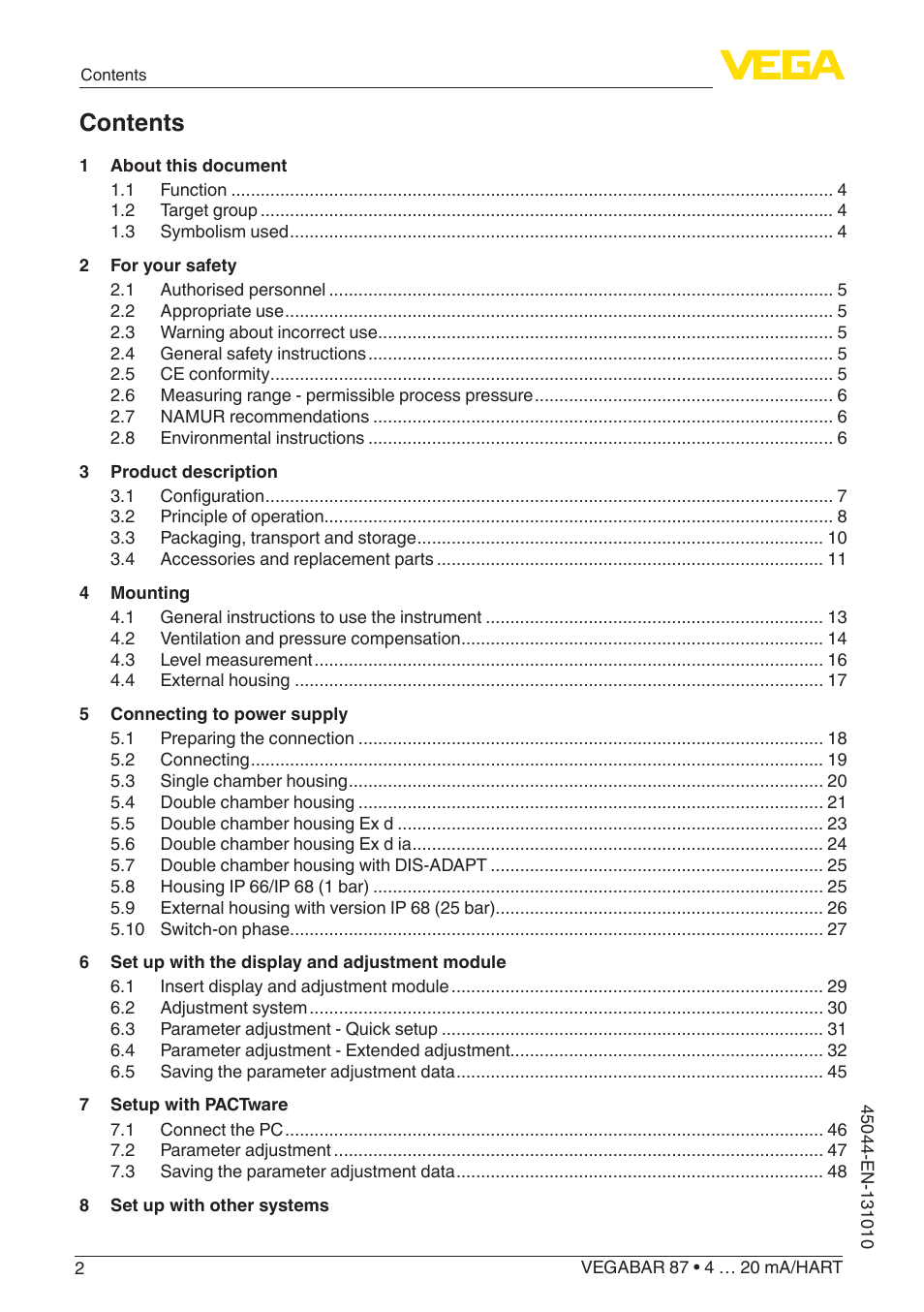 VEGA VEGABAR 87 4 … 20 mA_HART - Operating Instructions User Manual | Page 2 / 80