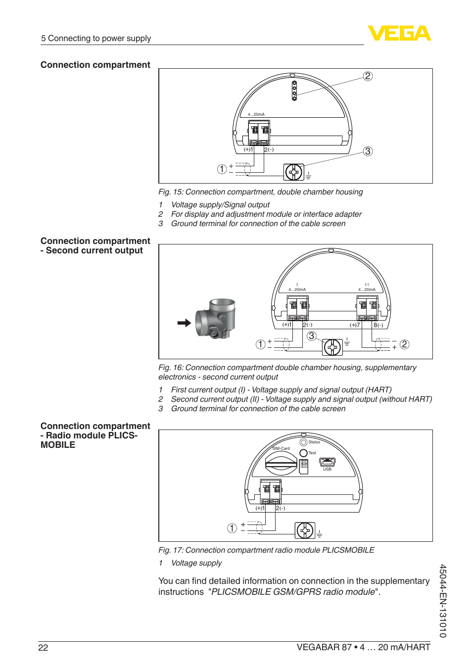 5 connecting to power supply | VEGA VEGABAR 87 4 … 20 mA_HART - Operating Instructions User Manual | Page 22 / 80