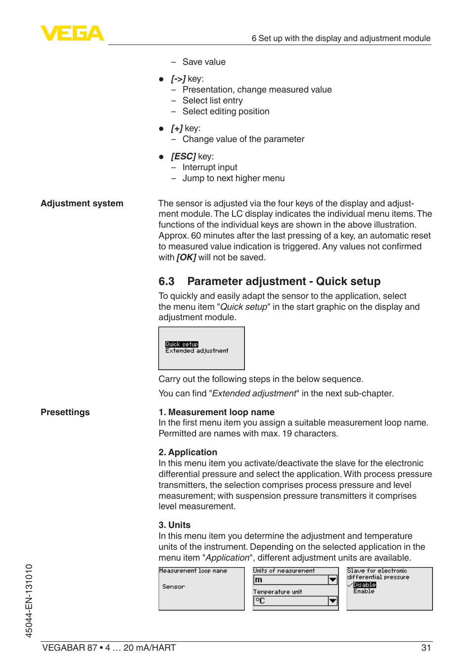 3 parameter adjustment - quick setup | VEGA VEGABAR 87 4 … 20 mA_HART - Operating Instructions User Manual | Page 31 / 80