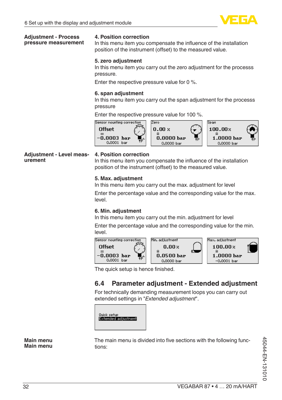 4 parameter adjustment - extended adjustment | VEGA VEGABAR 87 4 … 20 mA_HART - Operating Instructions User Manual | Page 32 / 80