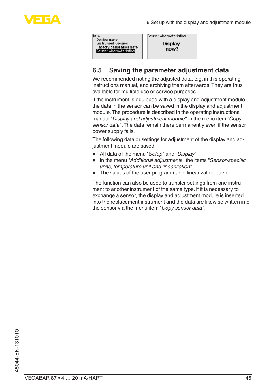 5 saving the parameter adjustment data | VEGA VEGABAR 87 4 … 20 mA_HART - Operating Instructions User Manual | Page 45 / 80