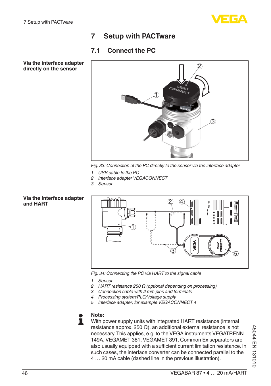 7 setup with pactware, 1 connect the pc | VEGA VEGABAR 87 4 … 20 mA_HART - Operating Instructions User Manual | Page 46 / 80