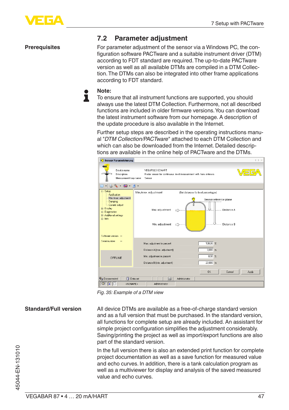 2 parameter adjustment | VEGA VEGABAR 87 4 … 20 mA_HART - Operating Instructions User Manual | Page 47 / 80