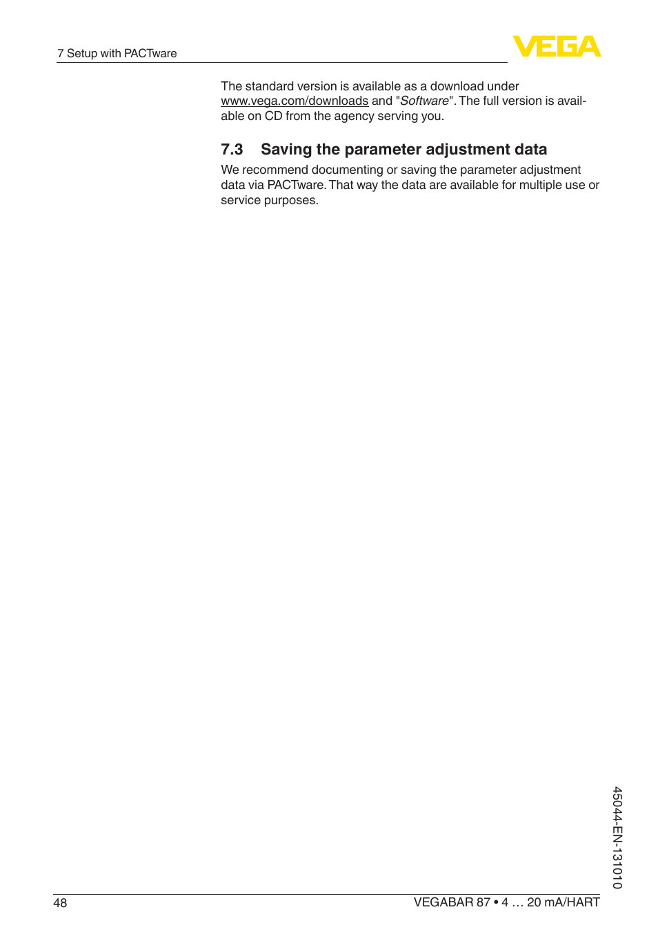 3 saving the parameter adjustment data | VEGA VEGABAR 87 4 … 20 mA_HART - Operating Instructions User Manual | Page 48 / 80